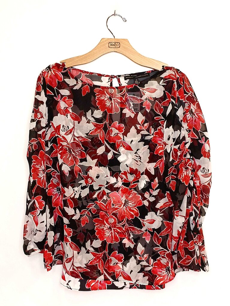 White House Black Market Sheer Cropped Sleeve Floral Blouse