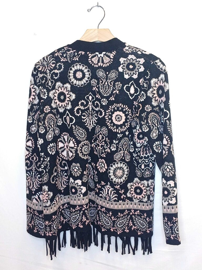 Isaac Mizarahi Long Sleeve Patterned Cardigan With Fringe