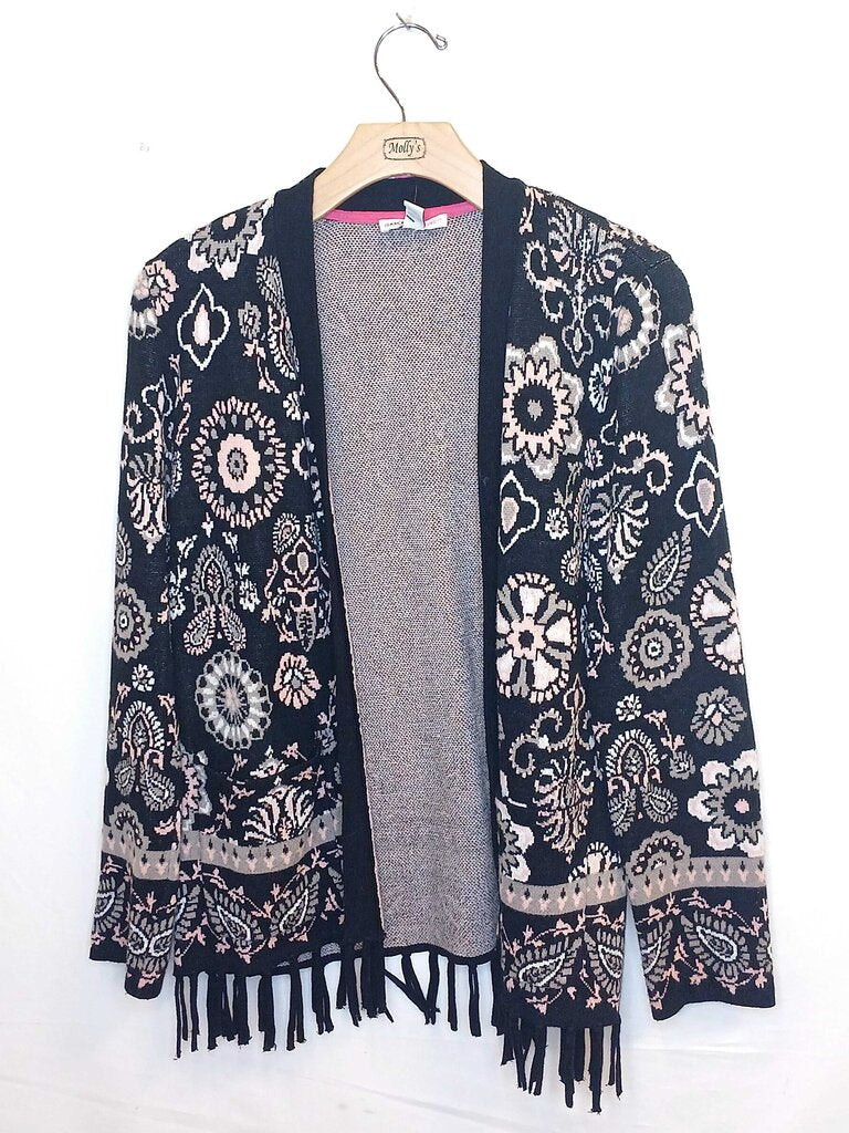 Isaac Mizarahi Long Sleeve Patterned Cardigan With Fringe