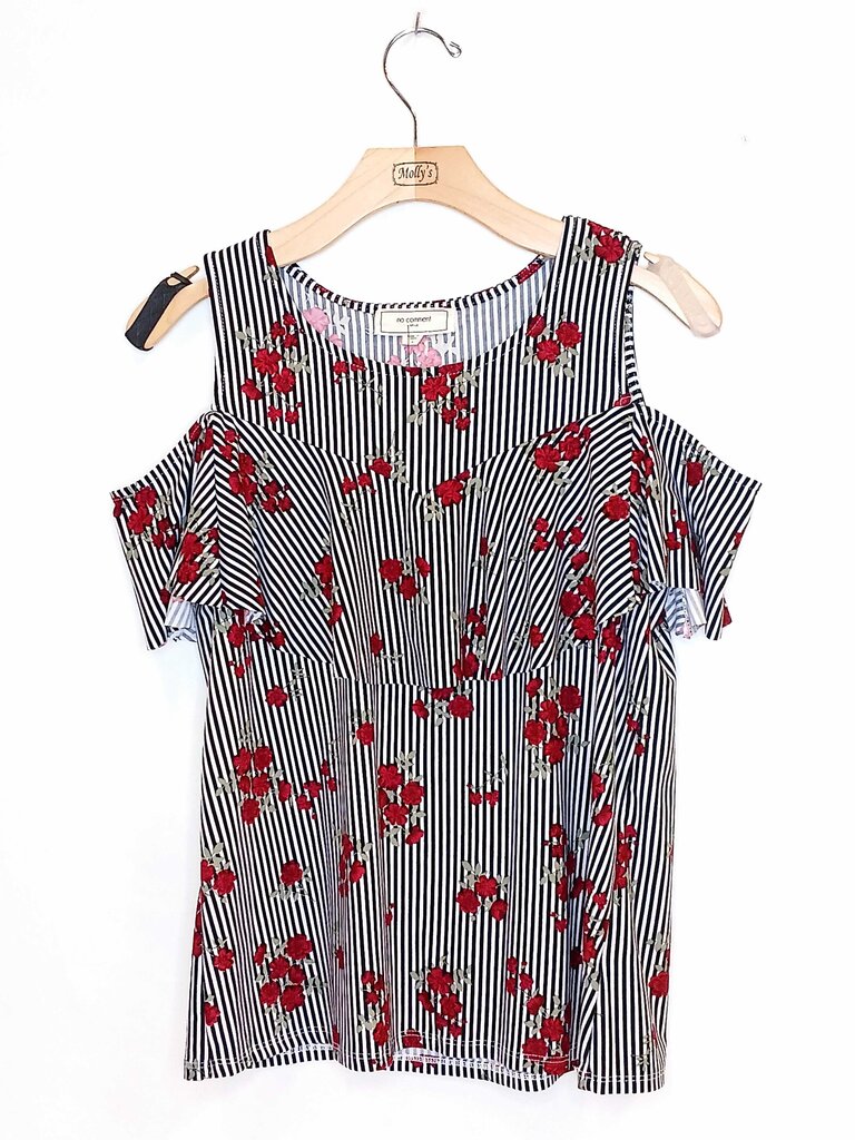 No Comment Cold Shoulder Striped Flower Print Top