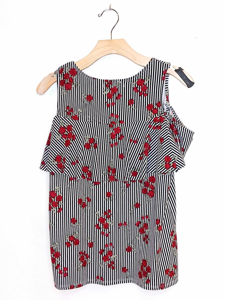 No Comment Cold Shoulder Striped Flower Print Top