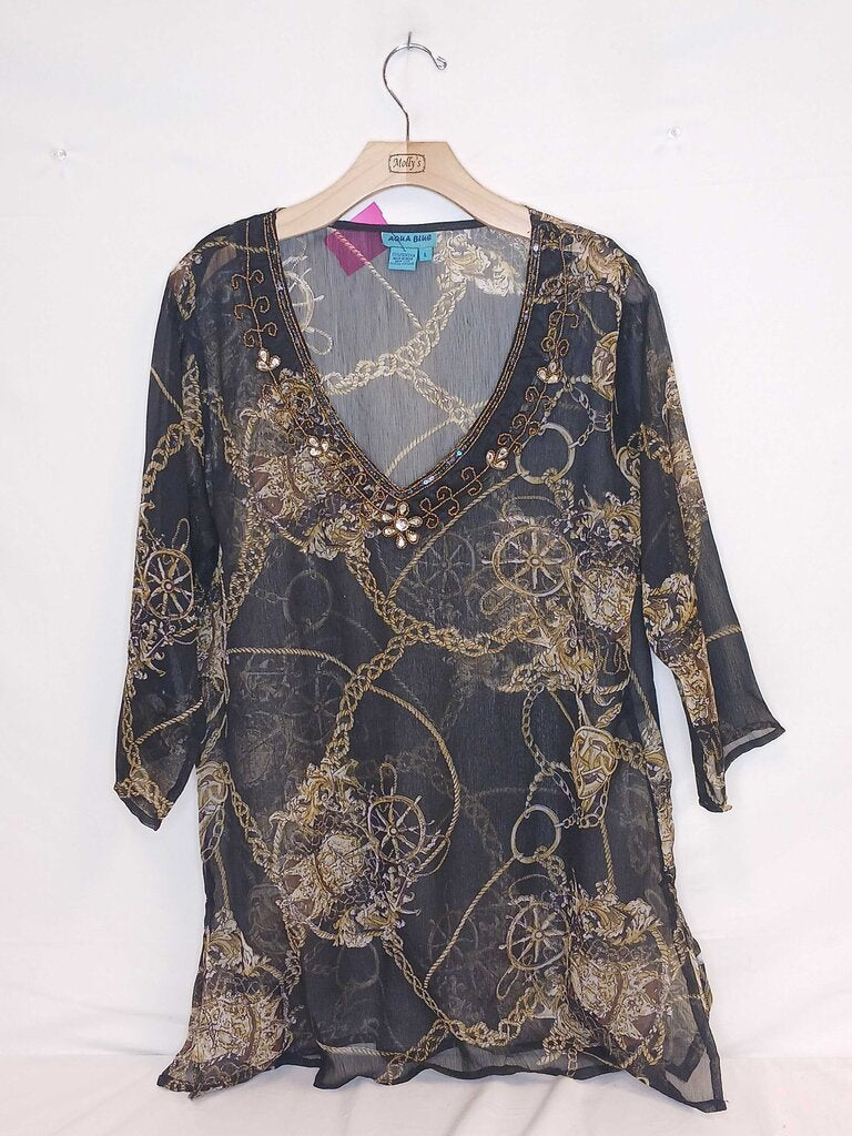 Aqua Blue Patterned, Beaded Top