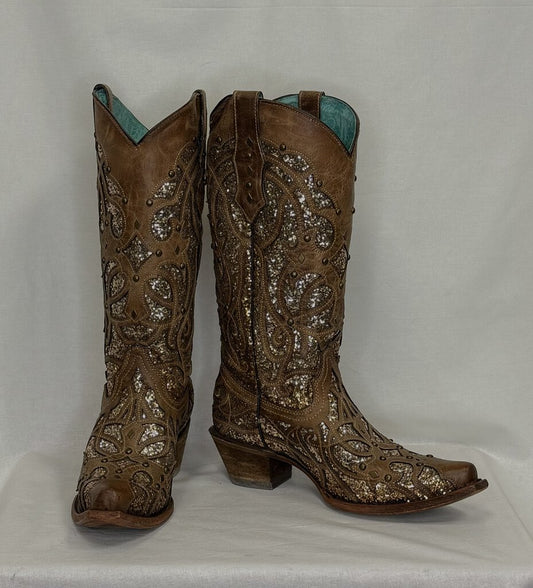 Corral Vintage Orix Glitter Inlay Studs Snip Toe Cowboy Boots