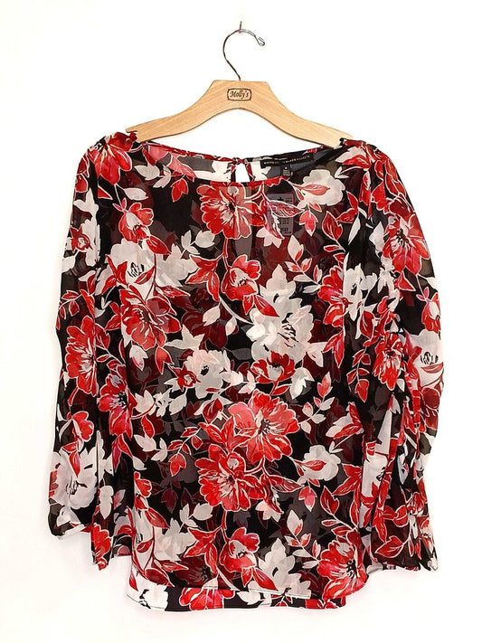 White House Black Market Sheer Cropped Sleeve Floral Blouse