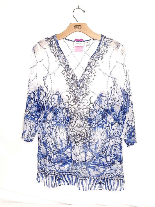 Chicos Sheer Cropped Sleeve Sequnece Tunic