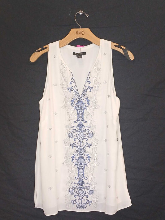 White House Black Market Sleeveless V Neck Embroidered Blouse