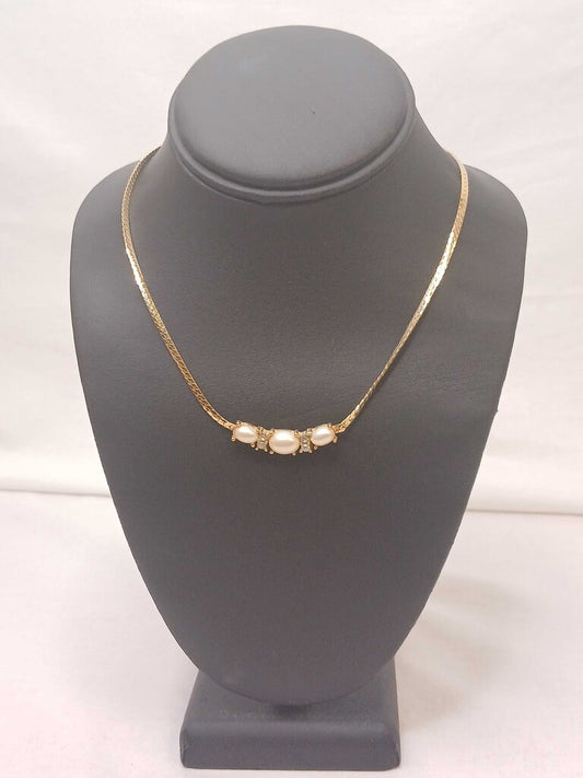 Faux Pearl and Clear Rhinestones Necklace