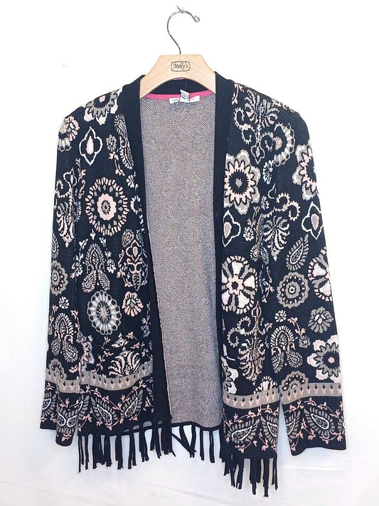Isaac Mizarahi Long Sleeve Patterned Cardigan With Fringe