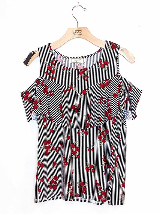 No Comment Cold Shoulder Striped Flower Print Top