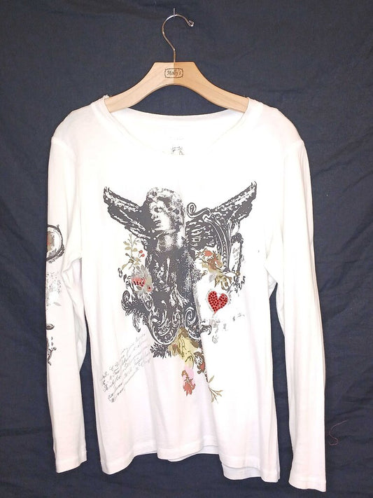 Lyman Ritchie Angel Print Long Sleeve Rhinestone Top