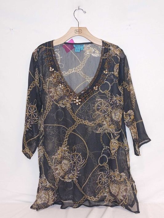 Aqua Blue Patterned, Beaded Top