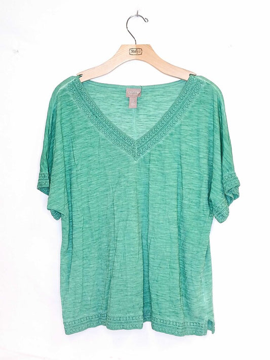 Chicos Short Sleeve Embroidered Hem Top