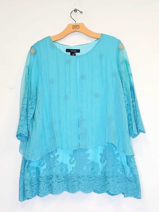 Ali Miles 3/4 sleeve Embroidered Sheer Sleeve Top