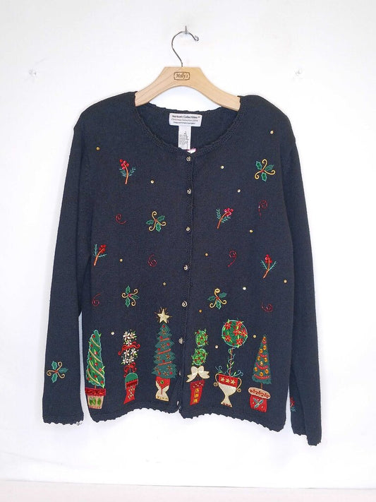 Heirloom Collections Beaded Christmas Tree Button Up Cardigan