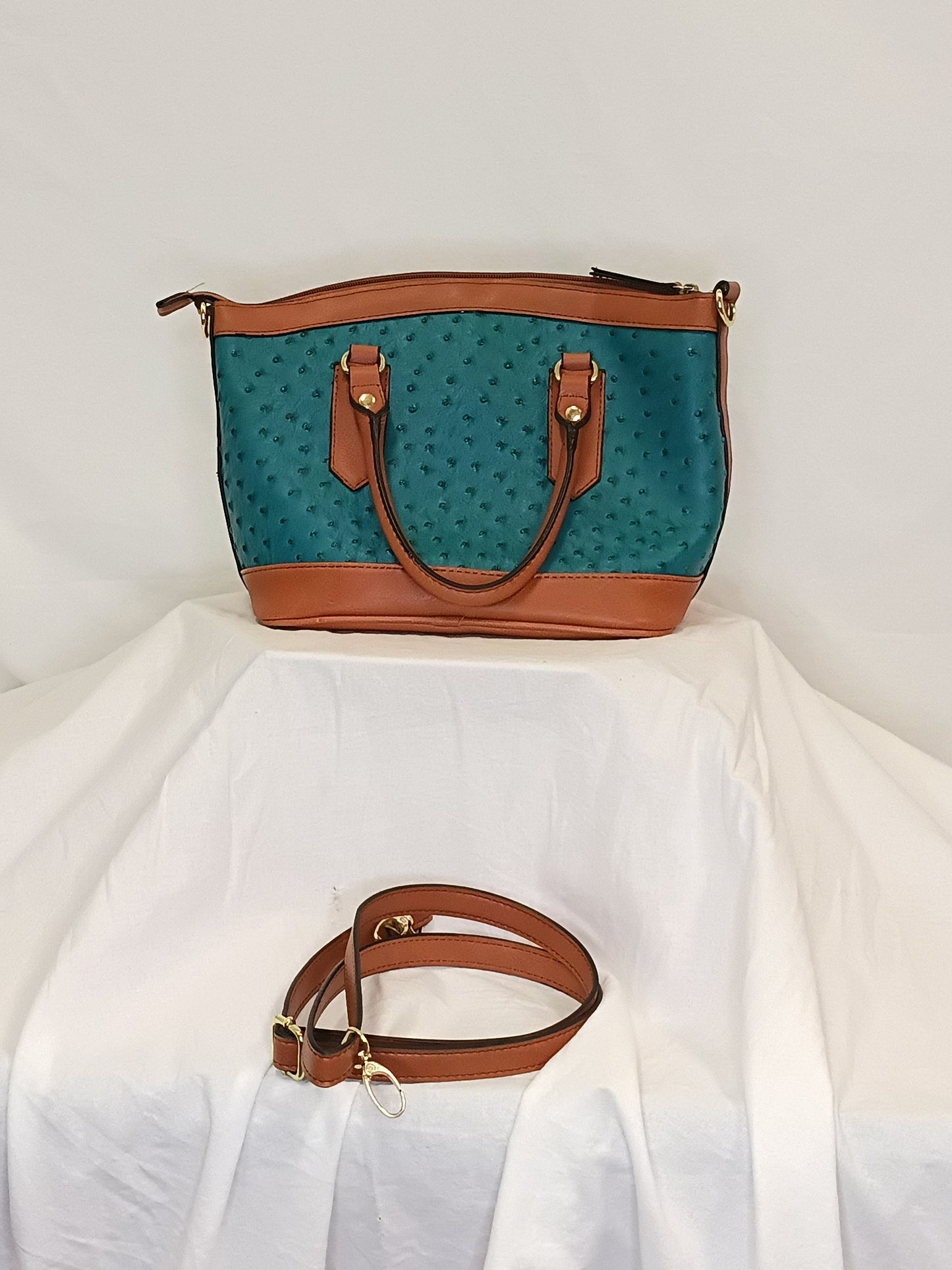 Ostrich Leather Dome Handbag with Shoulder Strap