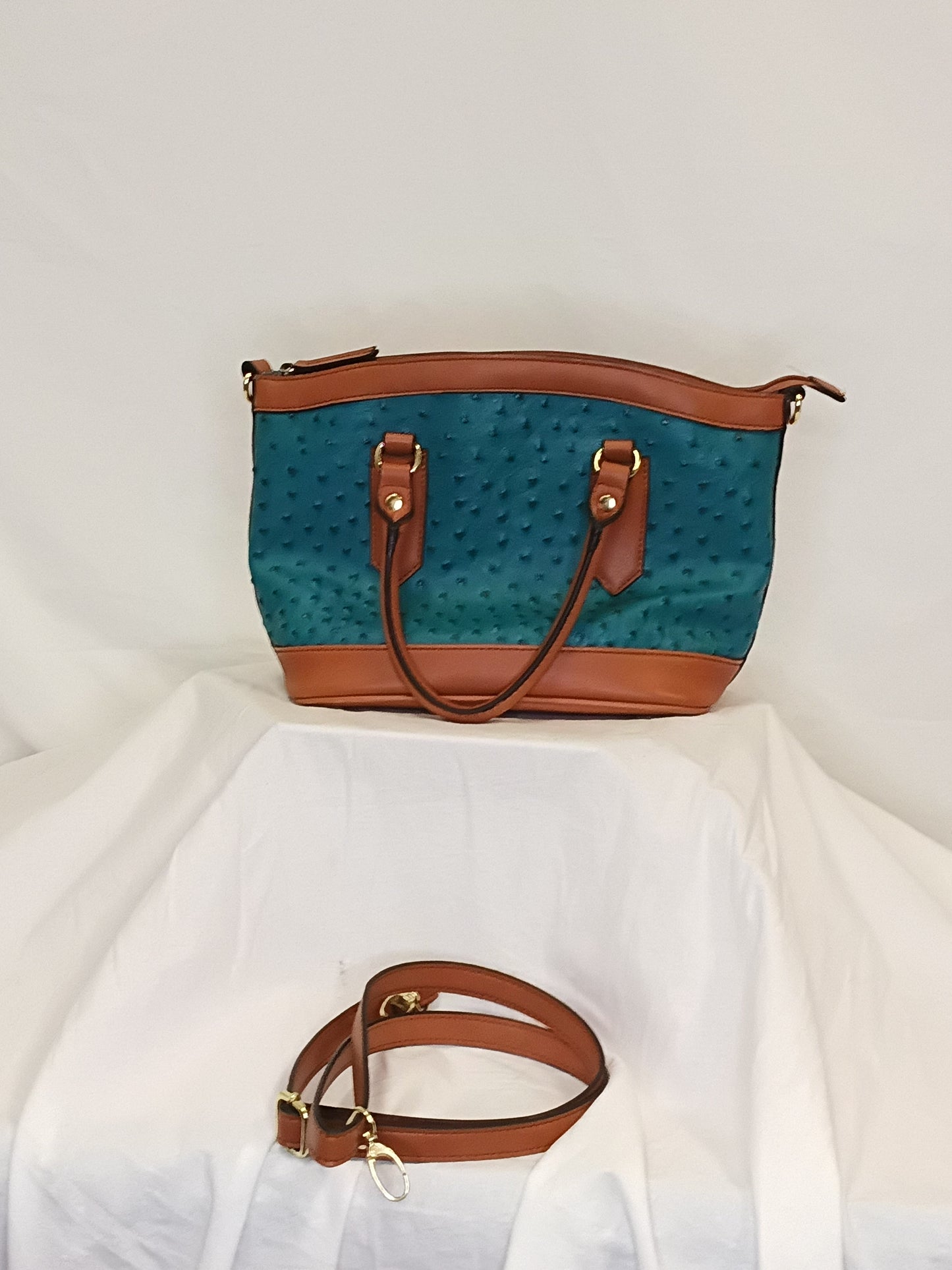 Ostrich Leather Dome Handbag with Shoulder Strap